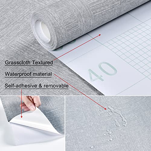 FUKU MON 24" X 197" Grey Grasscloth Textured Wallpaper for Peel and Stick Wallpaper Grassweave Thick Removable Contact Paper for Walls Cabinets Bedroom Counter Top Liners Fireplace
