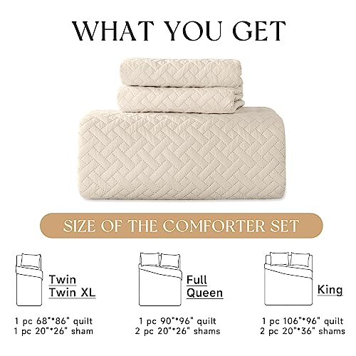 HYLEORY Quilt Set Full/Queen Size - Soft Lightweight Quilts Summer Quilted Bedspreads - Reversible Coverlet Bedding Set for All Season 3 Piece (1 Quilt, 2 Pillow Shams) - Beige