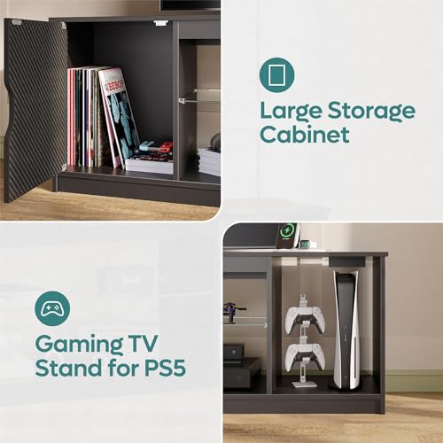 Bestier LED TV Stand with Power Outlets for 55/60/65 Inch TV, Gaming Entertainment Center with Cabinet for PS5, Modern TV Cabinet with Adjustable Glass Shelves for Living Room, Bedroom 58 Inch,Black