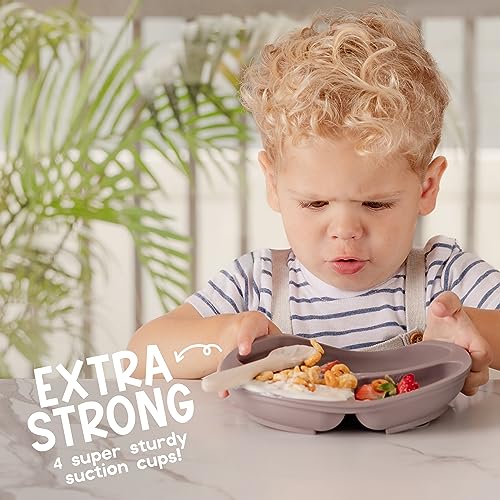 ChériKid Suction Plates for Baby, Toddlers - FEATURES SUPER STRONG QUADRUPLE SUCTION - 100% Food Grade Silicone Toddler Plates with Suction - Unbreakable Divided Kids Baby Plates - Suction Plate