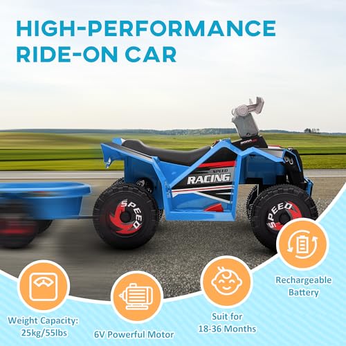 Aosom Kids ATV Quad Car with Back Trailer, 6V Electric Ride On Car with Forward Backward Function, Wear-Resistant Wheels, Ride on Toy for Toddlers Ages 18-36 Months, Blue