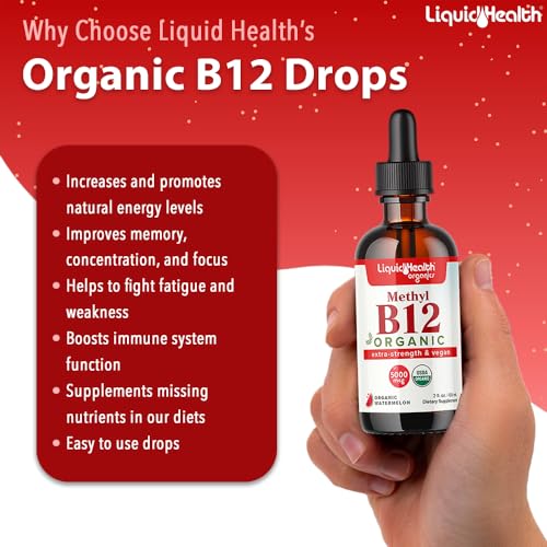 LIQUIDHEALTH Methyl Vitamin B12 Organic Liquid Pure Drops, Methylcobalamin Energy Boost, Focus Improve Memory, Natural Metabolism Vegan Safe Sublingual Hydroxocobalamin