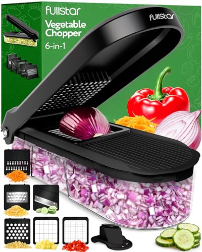 Fullstar Vegetable Chopper, Cheese Slicer, Food Chopper, Veggie Chopper, Onion Chopper, Vegetable Chopper with Container, Mandoline Slicer & Cheese Grater (6 in 1 - Black)