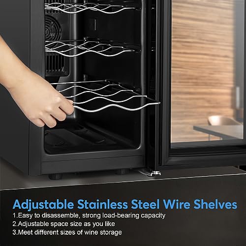 FoMupWine and Beverage RefrigeratorWith Glass Door,24-Inch Dual Zone Fridge Under Counter - 18 Bottle and 65 CanLarge CapacityLed BlueLight Smart Fast Cooling Cooler,Black Stainless Steel (FM24D)