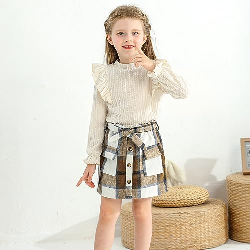 Weixinbuy Kid Toddler Girl Clothes Fall Winter Outfits Solid Long Sleeve Ribbed T-Shirt Knit Tops Plaid Button Mini Skirts Set Outfits 6-7 years old