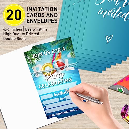 UDNADKEX Birthday Invitations Pool Party for Boy with Envelopes, Invites for Birthday Summer Pool Party, Swimming Party Birthday Invite Cards, Join Us for A Pool Party Celebrating, 4"x6" Set of 20