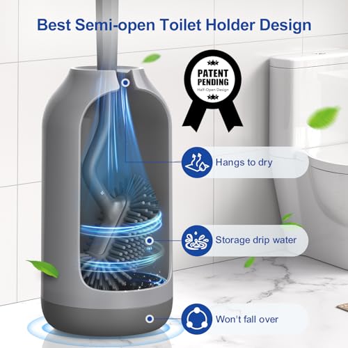 HAMITOR Toilet Bowl Brush Holder Set: Deep Cleaning Silicone Toilet Cleaner Scrubber Under Rim with Curved Bristle for Bathroom Dead Corner Clean - Modern Rv Toilet Decorative Accessories - Gray