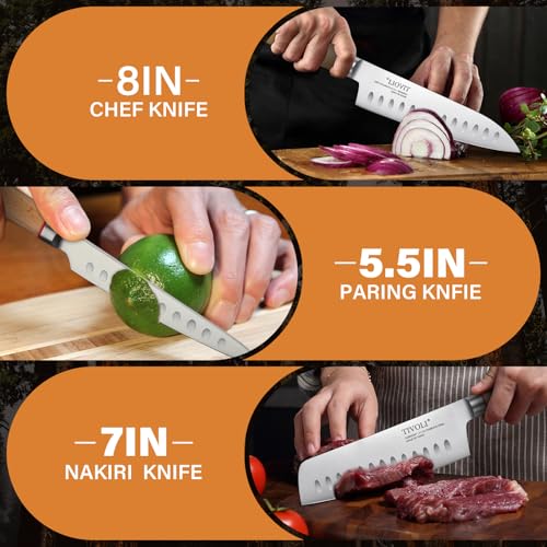 TIVOLI Chef Knife Set Professional Kitchen Knife Set 3PC Stainless Steel Japanese Knife Set with Gift Box Cooking Knife Set with Ultra Sharp Blade & Wooden Handle(Nakiri Knife,Chef Knife,Paring Knife)