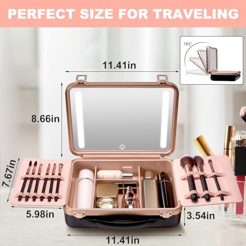 Mocado Travel Makeup Case with Lighted Mirror, Makeup Box with 8 Makeup Brushes and 10x Magnifying Mirror,Cosmetic Case Adjustable Brightness Makeup Train Case with Makeup Brushes Divider(Black)