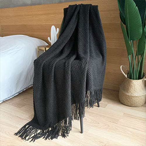 LOMAO Knitted Throw Blanket with Tassels Bubble Textured Lightweight Soft Throws for Couch Cover Home Decor (Navy, 50x60)