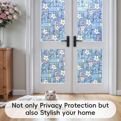 DUOFIRE Total Blackout Window Film, 100% Light Blocking Stained Glass Window Film Decorative, Flower Rainbow Windows Films Room Removable Static Cling Windows Cover for Home, 47.2 x 78.7 inches