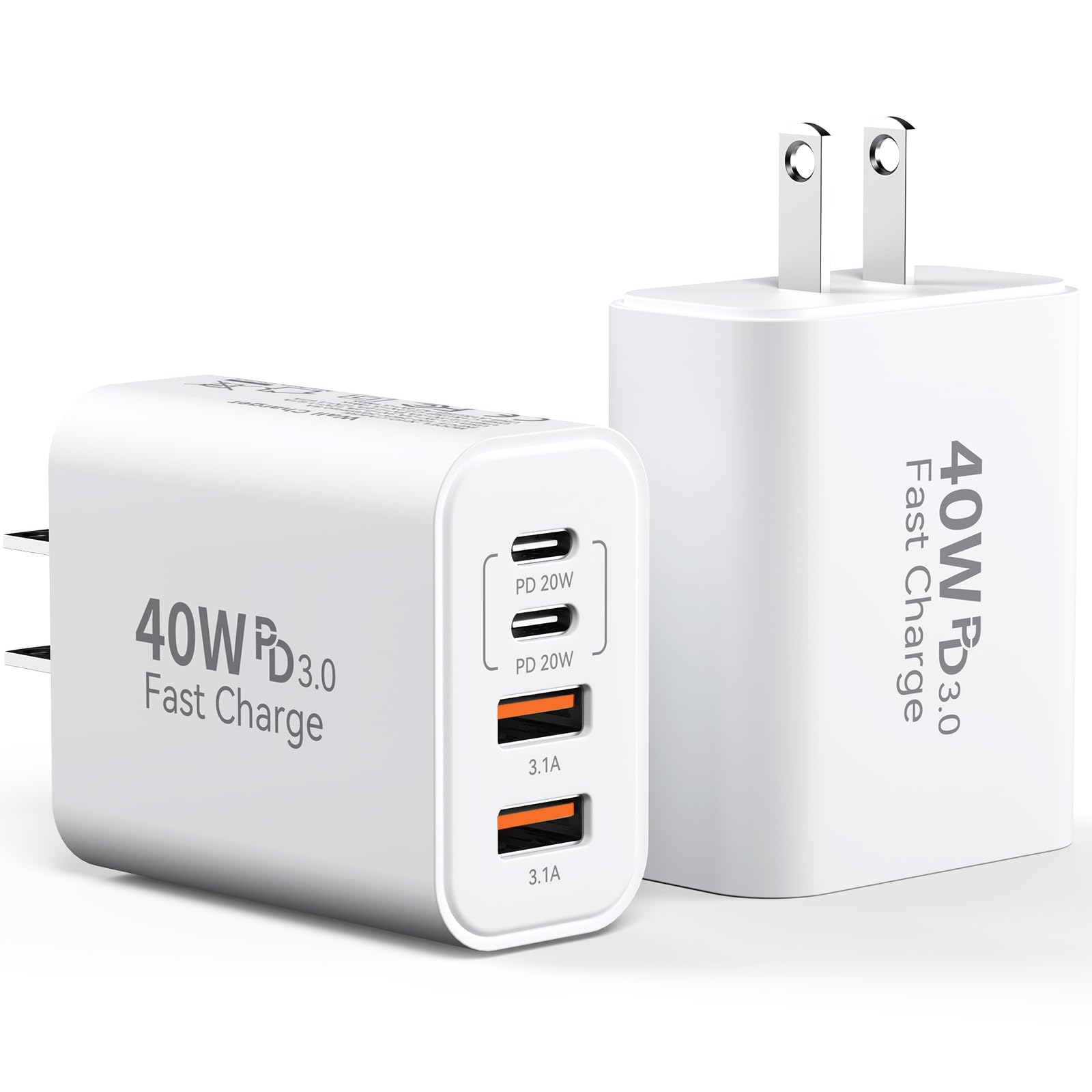 USB C Charger Block, 2Pack 40W 4 Ports Type C Charger Fast Phone Charging Cubes PD USBC Wall Plug+QC 3.0 USB A Charger Power Brick Box for iPhone 16/15/14/13/12/11 Pro Max, iPad,Samsung Galaxy,Pixel