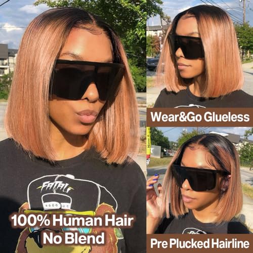 HIRIREMY 16 Inch Ombre Highlight Curly Bob Wig Human Hair For Black Women Wear And Go Glueless 13x4 HD Honey Blonde Highlight Deep Wave Lace Front Wigs Human Hair Pre Plucked Wet And Wavy 4/27