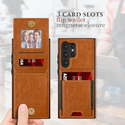 LOHASIC for Samsung Galaxy S23 Ultra Wallet Case, 5 Card Holder Phone Cover to Men Women, Classy PU Leather Credit Slot, Magnetic Clasp Kickstand Protective Folio Portfolio, 6.8 Inch, 5G, 2023 - Brown