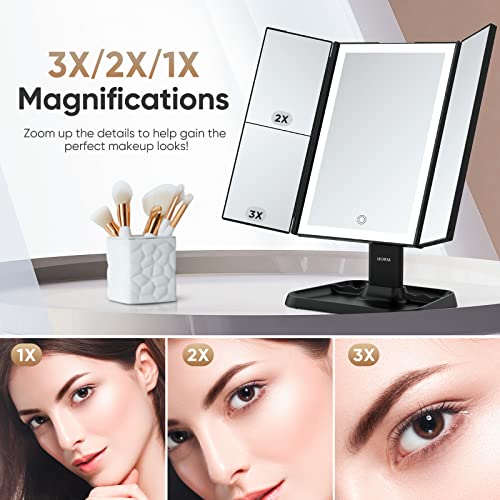 Trifold Makeup Vanity Mirror with Lights - 3 Color Lighting Modes 72 LED, Touch Control Design, 1x/2x/3x Magnification, Portable High Definition Cosmetic Lighted Up Mirror (Black)