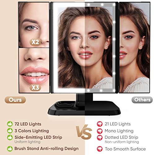 Trifold Makeup Vanity Mirror with Lights - 3 Color Lighting Modes 72 LED, Touch Control Design, 1x/2x/3x Magnification, Portable High Definition Cosmetic Lighted Up Mirror (Black)