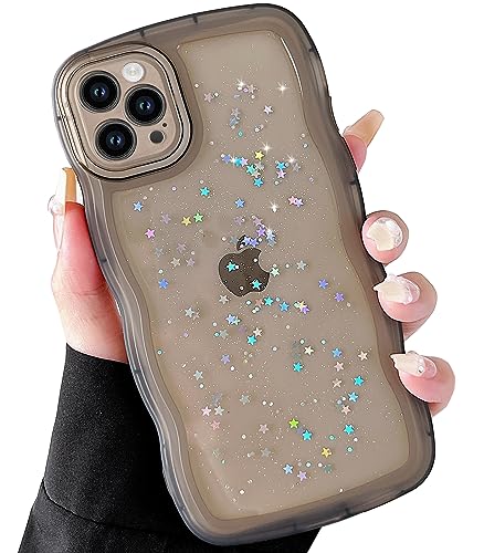 Qokey for iPhone 14 Pro Max Case 6.7", Curly Wave Design Transparent Bling Glitter Shiny Case Cute Clear Transparent Full Protection Soft TPU Shockproof Phone Cover(Black, for iPhone 14 Pro Max)