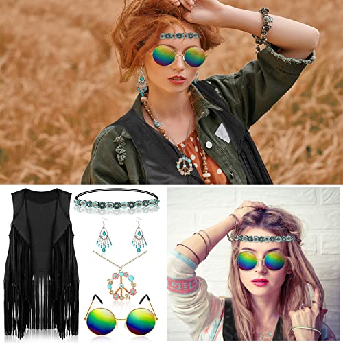 6 Pcs 60s 70s Outfits for Women Hippie Costume Accessories Fringe Vest Sunglasses Necklaces Earring Headband(Black,Small)