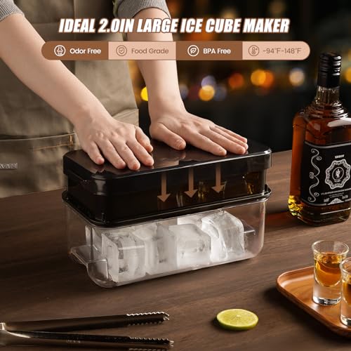 PHINOX Large Ice Cube Tray with Lid and Bin, Ice Trays for Freezer, 2 INCH Whiskey Ice Cubes Mold, 1*8 pcs Square Ice Cube Mold with Tong, Easy to Release, Large Ice Tray for Whiskey Cocktail Bourbon