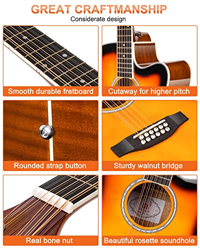 Vangoa 12 String Guitar Acoustic Electric Full Size, Upgraded Guitar 12 Strings Bundle for Beginner Intermediate Adults Teens, Guitarra de 12 Cuerdas, Sapele Body Bone Nut,Sunburst Glossy