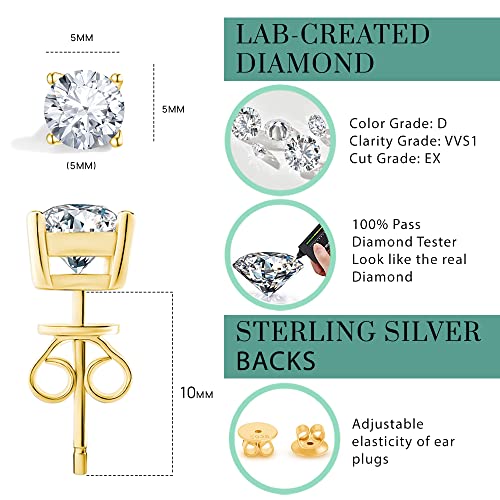 Moissanite Earrings Lab Created Diamond 925 Sterling Silver Stud for Men Women Anbamahong Jewelry Gifts (1 CTW (Yellow Gold))