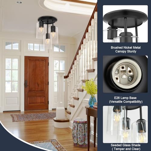 3-Light Semi Flush Mount Ceiling Light, Close to Ceiling Light Fixture with Clear Glass Shades, Modern Hallway Lighting Fixtures for Bedroom, Kitchen, Foyer Entryway with E26 Socket(Bulb Not Included)