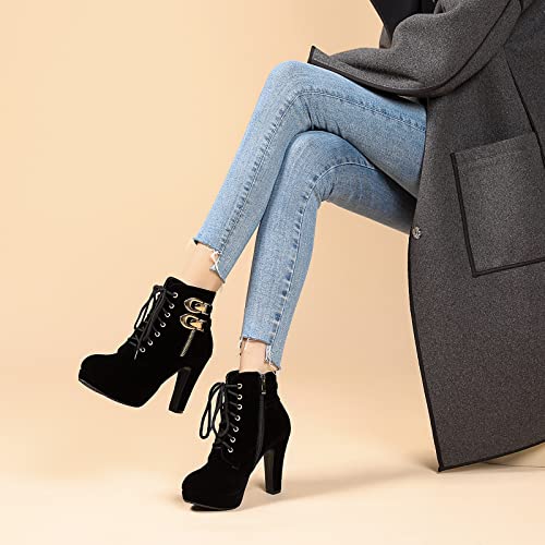 Susanny Womens Black Platform High Heel Boots Vintage Lace up Round Toe Suede Block Heeled Short Ankle Booties 12