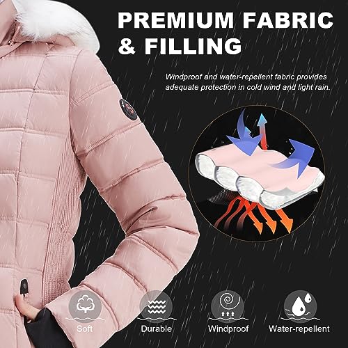 SLOWTOWN Women's Puffer Jacket Warm Hooded Winter Puffy Jacket with Faux-Fur Trim and Collar (Pink, Small)