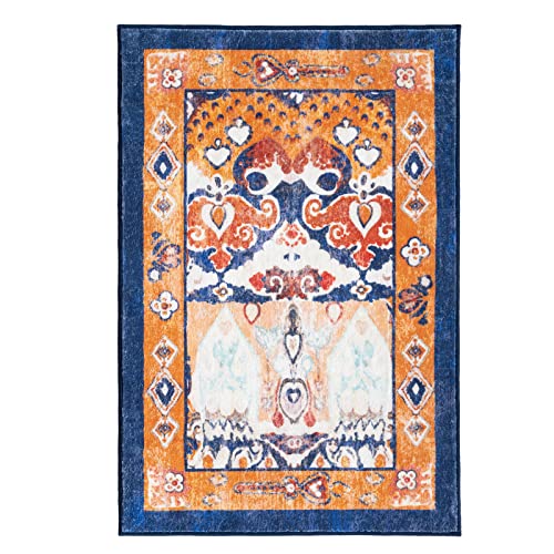 Phantoscope Vintage Collection Area Rug 2'x3' - Boho Washable Non-Slip Kitchen Rug Runner, Ultra-Thin Vintage Distressed Accent Throw Rug for Entryway Laundry Bathroom Bedroom, Navy/Orange