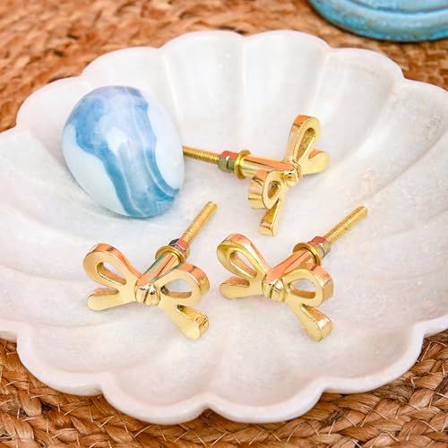 Perilla Home Set of 6 Brass Bow Knobs for Cabinet & Drawers Decorative Bow Knobs for Home Kitchen Cabinet Hardware Cupboard Metal knobs Door Dresser Wardrobe and Drawer Pulls