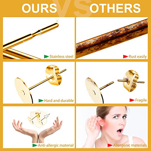 VERACT Earring Posts and Backs, 2000Pcs Golden Hypoallergenic Earring Studs for Jewelry Making Kit and Butterfly Earring Backs and Rubber Earring Backs with Box (4mm, 5mm, 6mm, 8mm, 10mm)