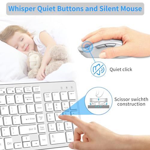 Wireless Keyboard Mouse Combo, Ultra Slim Computer Keyboard and 2400 DPI USB Silent Mouse with Invisible Light Design, Scissor Switch, for Laptop PC Chromebook Windows (KM202-Silver White)