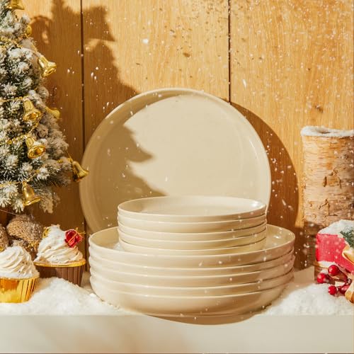 Porcelain 7.4 Inch Dessert Plates Set of 6 - Salad Modern Appetizer Plates - Dishwasher, Microwave, Oven Safe, Smooth Glaze, Scratch Resistant, Beige