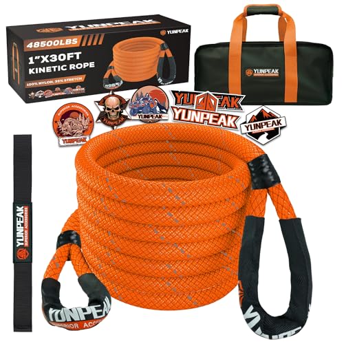 YUNPEAK Kinetic Recovery Rope (1in x 30ft - 48,500Lbs) Extreme Duty 35% Elasticity Energy Snatch Rope, Off Road Recovery Kit Kinetic Tow Rope for UTV, ATV, SUV,Trucks (Orange)