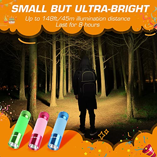 EverBrite 3-Pack Mini Flashlights, Glow in Dark Flashlights, Aluminum LED Flashlights Party Favors Assorted Colors for Camping, Hiking, Indoor, 9XAAA Batteries Included