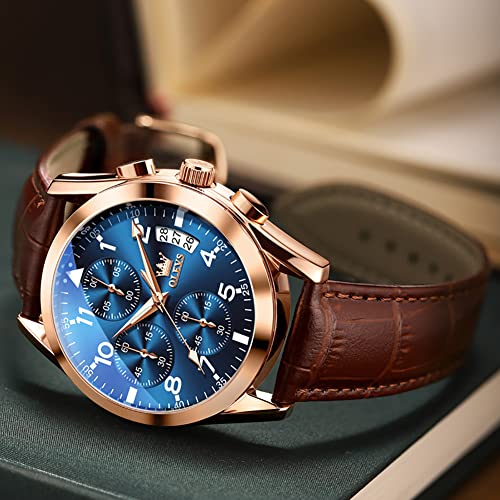 OLEVS Men's Watches Auto Date Multi-Function Rose Gold Quartz Watch for Men Blue Face Brown Leather Strap Casual Mens Chronograph Watches Water Resistant Easy Read Aviator Men's Cuff Watch for Father