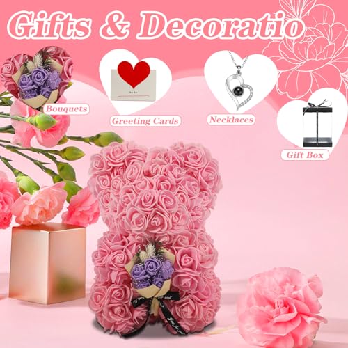 FLOWERS Rose Bear Gifts for Mothers Day, Teddy Bear with Rose Bouquet, Necklace, Greeting Card, Gifts Box for Mom, Wife, Grandma, Anniversary, Birthday, Home Decor