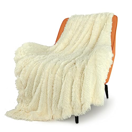 TOONOW Extra Soft Fuzzy Faux Fur Throw Blanket 50"x60", Reversible Lightweight Fluffy Cozy Plush Comfy Microfiber Fleece Decorative Shaggy Blanket for Couch Sofa Bed, Barlett Pear