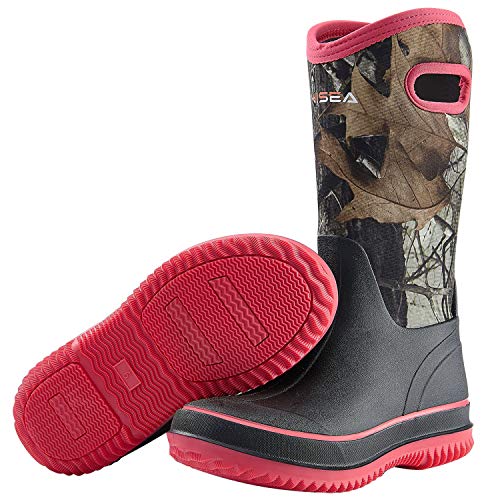 HISEA Women Mud Boots, Mid Calf Neoprene Rubber Boots with Pull on Handle Insulated Barn Boots Womens Waterproof Rain Boots Garden Shoes Womens Rainboots for Farm Gardening Hiking Hunting Fishing