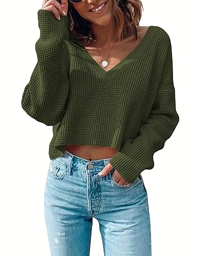 Zeagoo Women Waffle Knit Tops Casual Long Sleeve T Shirts V Neck Basic Tops