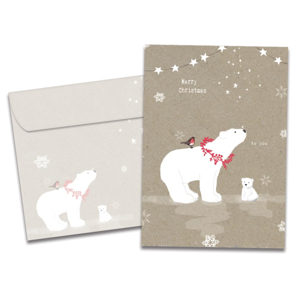 Tree-Free Greetings Holiday Greeting Cards, Polar Bear Merry Christmas, Vintage Brown Recycled Paper, Boxed Note Card Set, 10-Pack (HB93300)