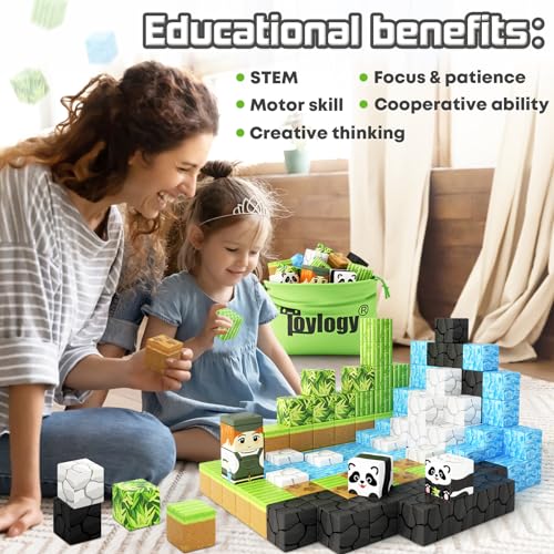 Magnetic Blocks-Build Mine Magnet World Panda Edition, Magnetic Tiles Building Blocks for Boys & Girls Age 3-5 4-8 5-7, Kids STEM Sensory Learning Outdoor Toys for 3+ Years Old Girls Boys Gifts