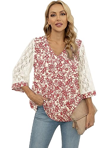QUEZHU Blouses for Women 3/4 Sleeve V Neck Business Casual Blouse Elegant Dressy Chiffon Work Blouse,Floral White,Small