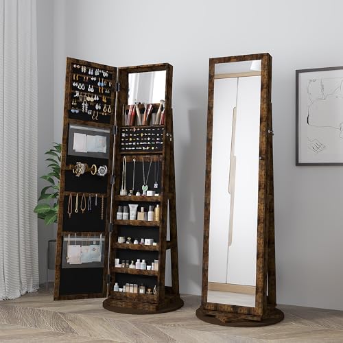 TJYGO Full-Length Mirror Jewelry Armoire, Lockable Jewelry Cabinet Standing with Inside Makeup Mirror, Jewelry Storage with Back Storage Shelves, Brown