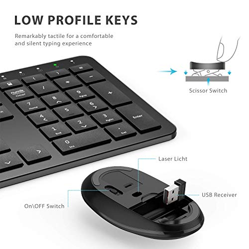 iClever GK08 Wireless Keyboard and Mouse - Rechargeable Wireless Keyboard Ergonomic Full Size Design with Number Pad, 2.4G Stable Connection Slim Keyboard and Mouse for Windows, Mac OS Computer