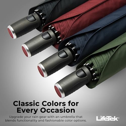 LifeTek Traveler 42 FX1 Windproof Travel Umbrella, Automatic Open Close, Compact for Rain and Sun, Fits in Purse or Backpack, Strong Lightweight Durable Frame, UV Protection, Small and Portable Black