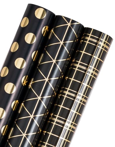 WRAPAHOLIC Birthday Wrapping Paper Roll - Mini Roll - 3 Rolls - 17 Inch X 120 Inch Per Roll - Happy Birthday Lettering and Stripe for Kid's Birthday, Baby Shower