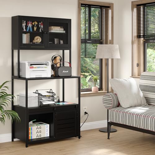 Furniouse 6-Tier Kitchen Bakers Rack with Power Outlet, Industrial Microwave Oven Stand with Shelves, Kitchen Utility Storage Shelf with Cabinet, Standing Kitchen Storage Rack (Black)