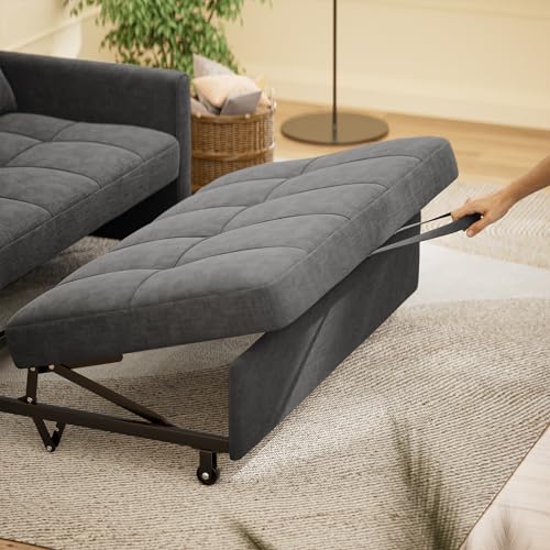 Gizoon 3-in-1 Convertible Sofa Bed, 52" 2-Seater Loveseat Sleeper with Pull Out Couch, Linen Fabric Futon Sofa Bed, Small Sleeper Sofa Cama with Pillows & Pockets for Living Room Apartment, Dark Grey
