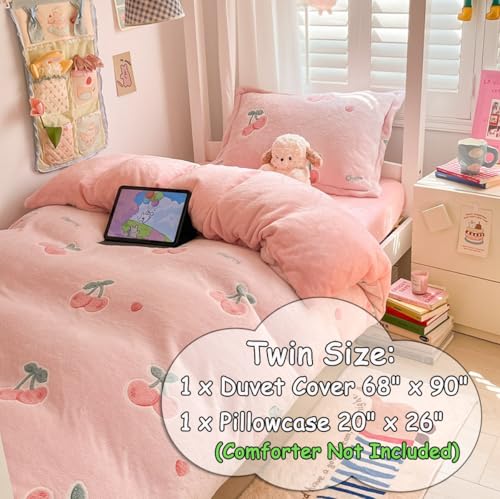 LMONMOO Pink Duvet Cover Twin, Ultra Soft Fluffy Comforter Cover Set, Cute Kawaii Bedding Sets for Girl Kids, All Season(Cherry, Twin)